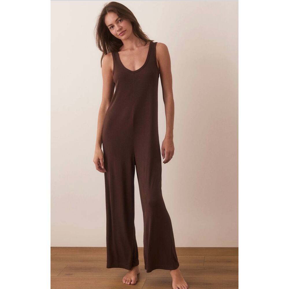 Marine Layer Lexi Rib Sleeveless Lounge Jumpsuit in Cocoa Color - Medium